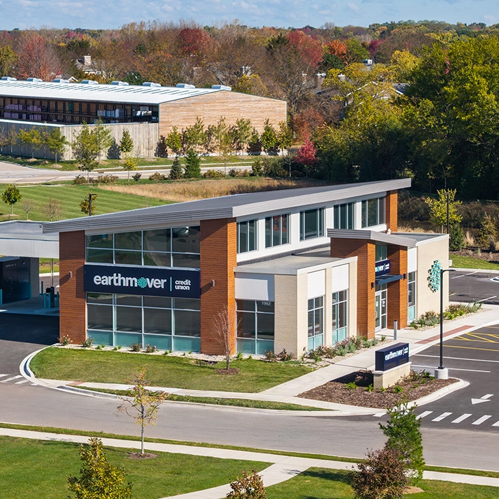 Aerial view of an Earthmover Credit Union branch