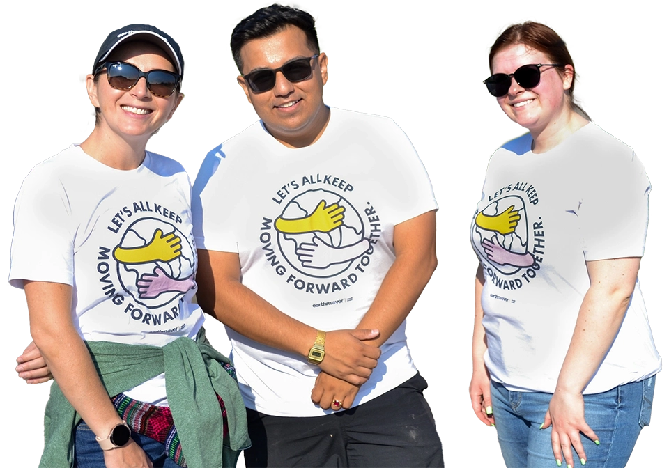 Three Earthmover members wearing matching community t-shirts